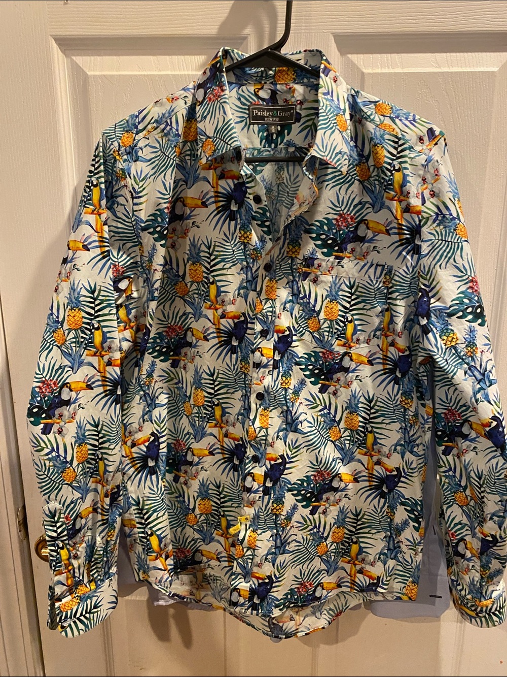 Paisley & Gray Men's Tropical Button-Down Shirt - White, Blue & Yellow size 16